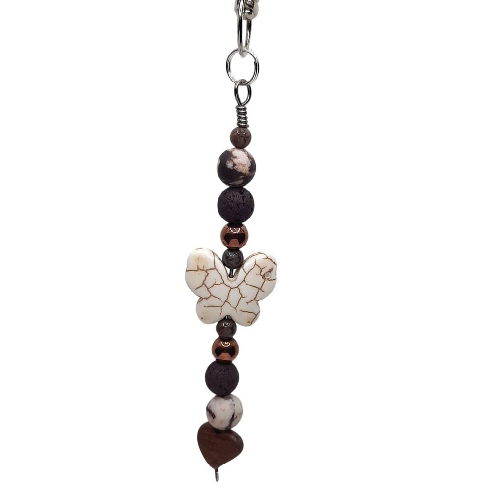 Handmade Beaded Butterfly Bag Charm Diffuser Keychain Heart Earthy Brown Cream